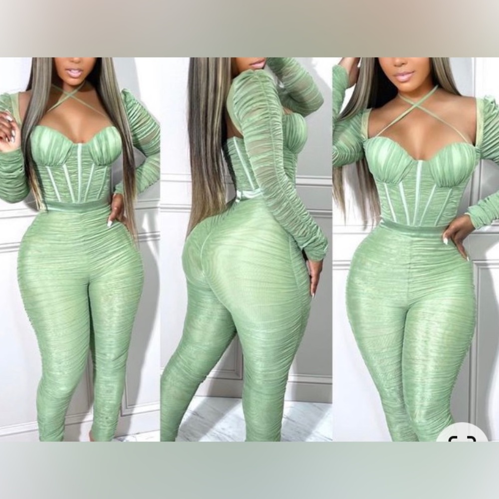 Miss Circle Quiana Basil  Ruched Mesh Corset Jumpsuit